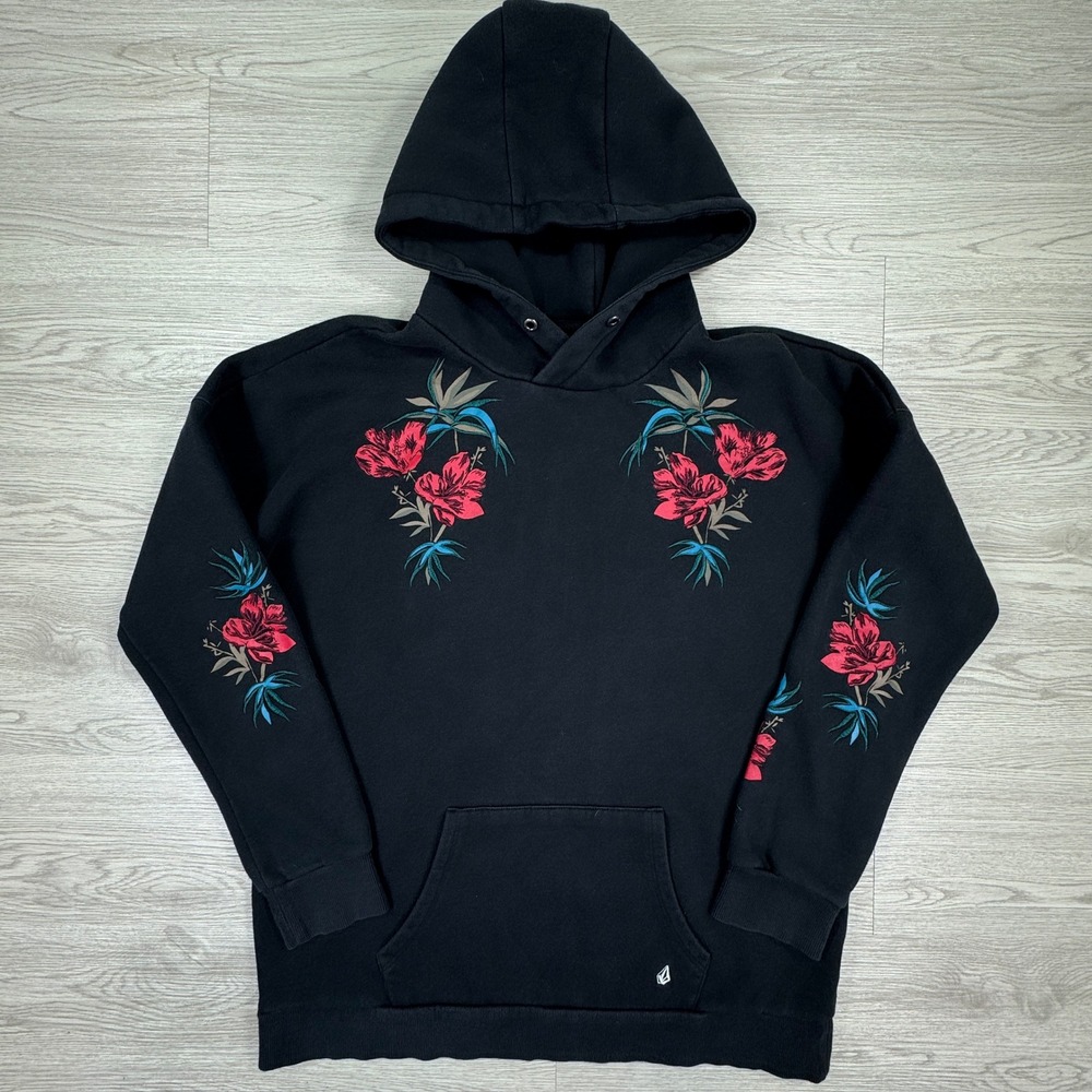 Volcom Women's Hoodie Floral Embroidered Pullover Black Medium Long Sleeve Skate